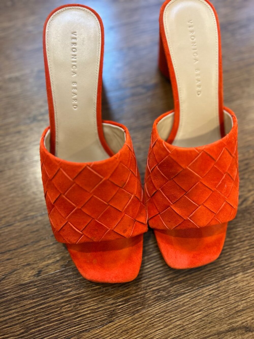 Veronica Beard Red-Orange Suede Woven Mule Heels